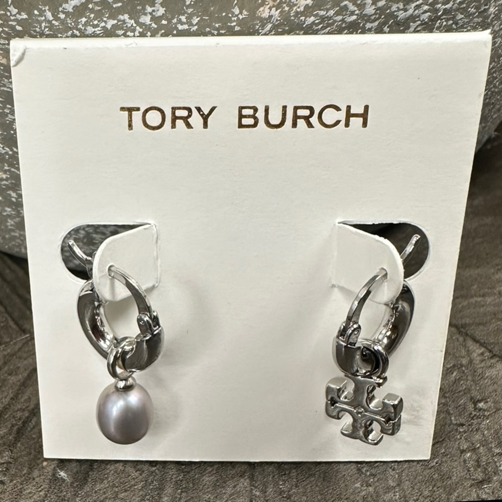 Tory Burch Mismatched Silver Earrings with Pearl and Logo